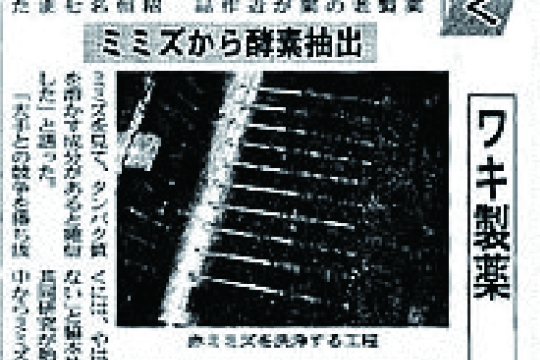 ワキ製薬、ミミズから酵素抽出の見出しが書かれた新聞記事